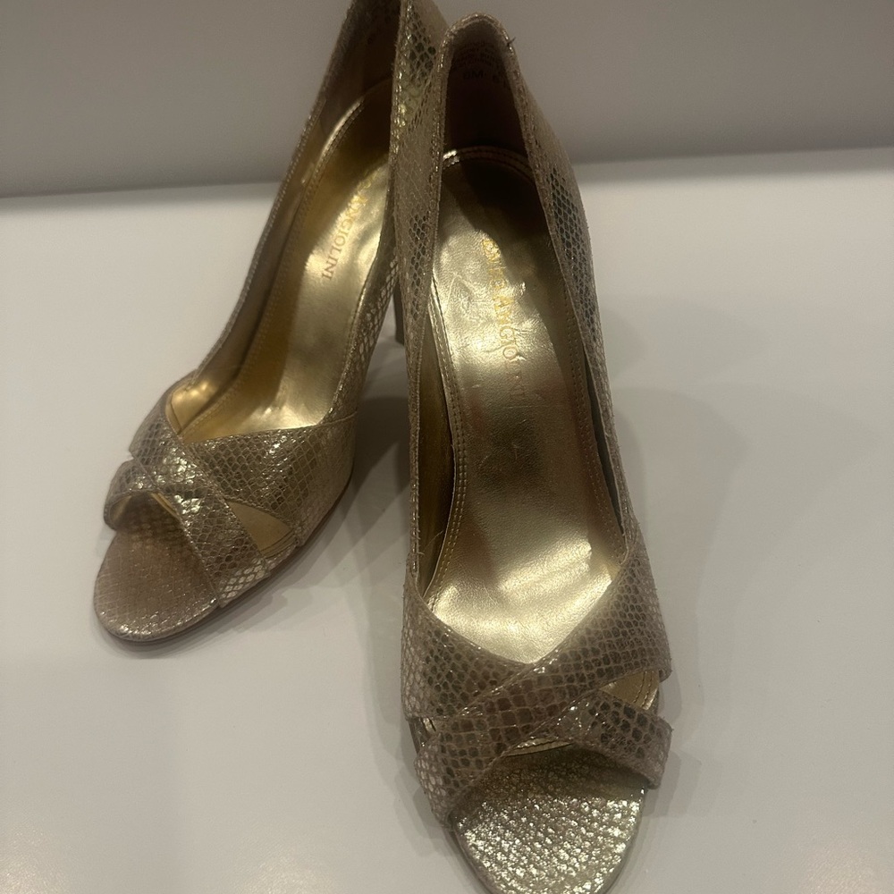 Enzo Angiolini Gold Heels with Peep-Toe Design